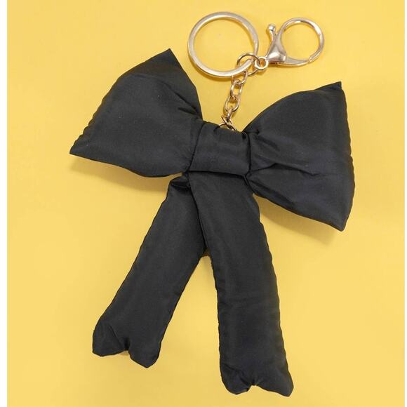 Puffy Coquette Bow Ribbon Bag Charm Keychain Key Ring Black - Picture 1 of 4